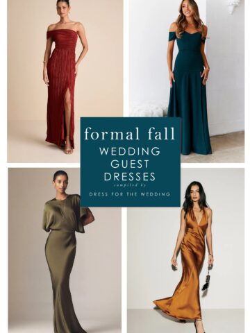 Collage and cover image showing formal fall dresses for wedding guests. Rust gown, Teal gown, Olive green satin gown, and bronze gown shown.