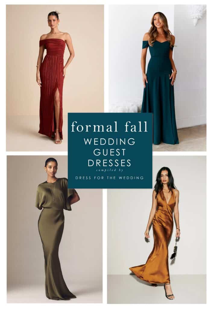 Collage and cover image showing formal fall dresses for wedding guests. Rust gown, Teal gown, Olive green satin gown, and bronze gown shown.