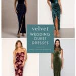 Collage of velvet dresses in blue, teal, burgundy print and moss green on models