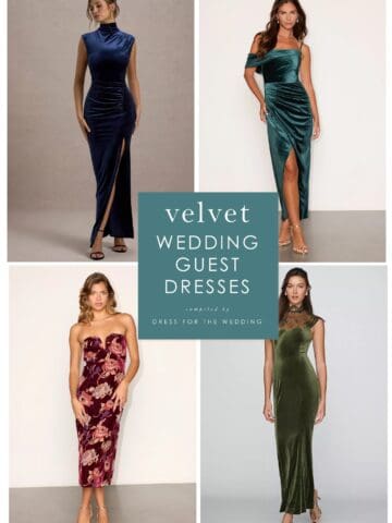 Collage of velvet dresses in blue, teal, burgundy print and moss green on models