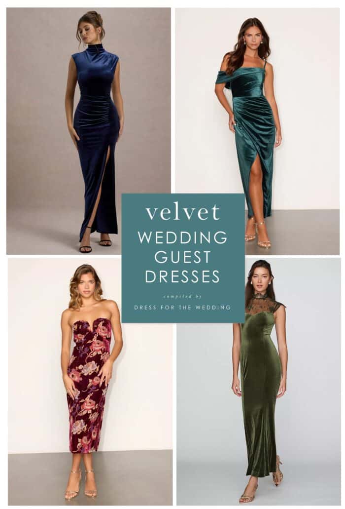 Collage of velvet dresses in blue, teal, burgundy print and moss green on models