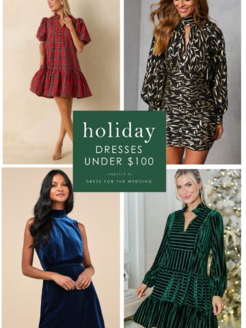 Collage with 4 holiday party dresses with text for the cover image of an article on affordable holiday party dresses under 100