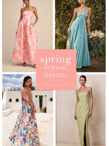Collage and cover for an article on what to wear to a spring formal wedding. Shows a pink gown, blue gown, floral gown, and green lace gown on models.