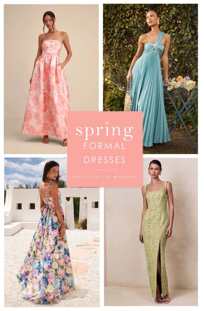 Collage and cover for an article on what to wear to a spring formal wedding. Shows a pink gown, blue gown, floral gown, and green lace gown on models.