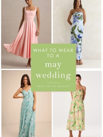 Cover for article with 4 spring dresses on models and text that reads what to wear to a May wedding