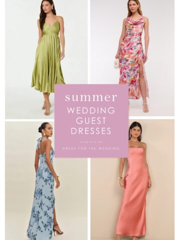 Collage and article cover showing 4 dresses that are appropriate for a summer wedding. One green midi, one floral midi, one long floral dress, and one coral gown.
