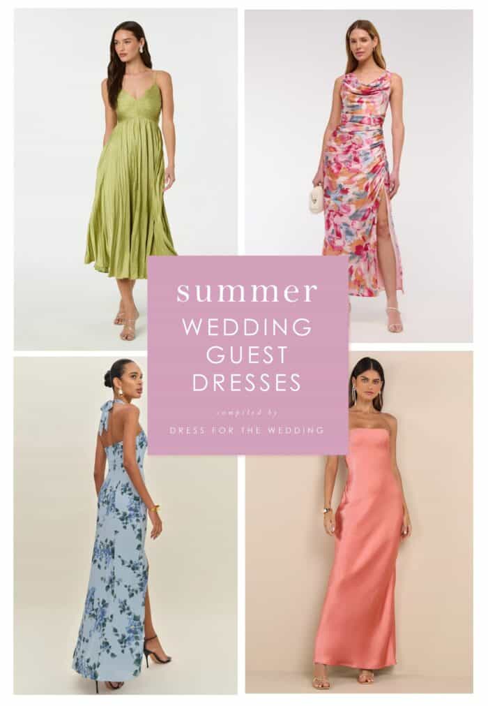 Collage and article cover showing 4 dresses that are appropriate for a summer wedding. One green midi, one floral midi, one long floral dress, and one coral gown.
