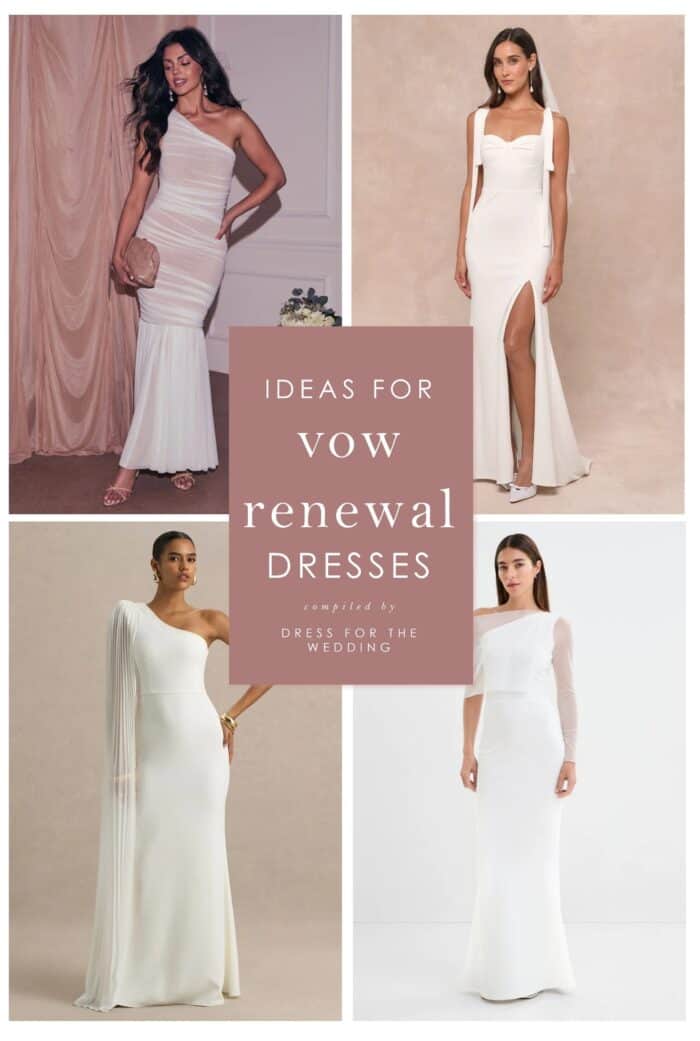 Collage and cover for article about suggested dresses for vow renewal ceremonies.