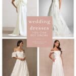 Cover collage for an article about wedding dresses you can buy online from reputable sources. Shows 4 dresses.