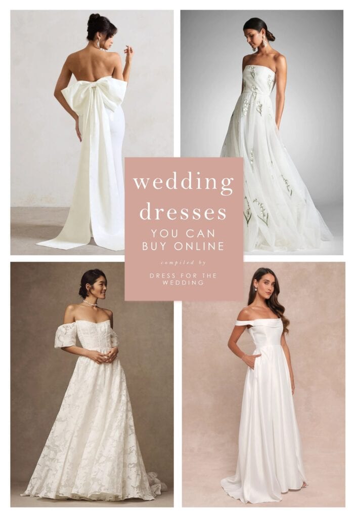 Cover collage for an article about wedding dresses you can buy online from reputable sources. Shows 4 dresses.