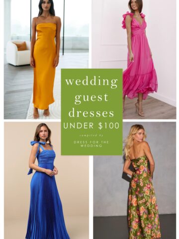 Collage and cover image for article showing over 75 wedding guest dresses under $100