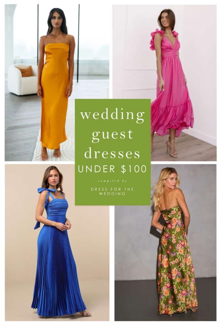 Collage and cover image for article showing over 75 wedding guest dresses under $100