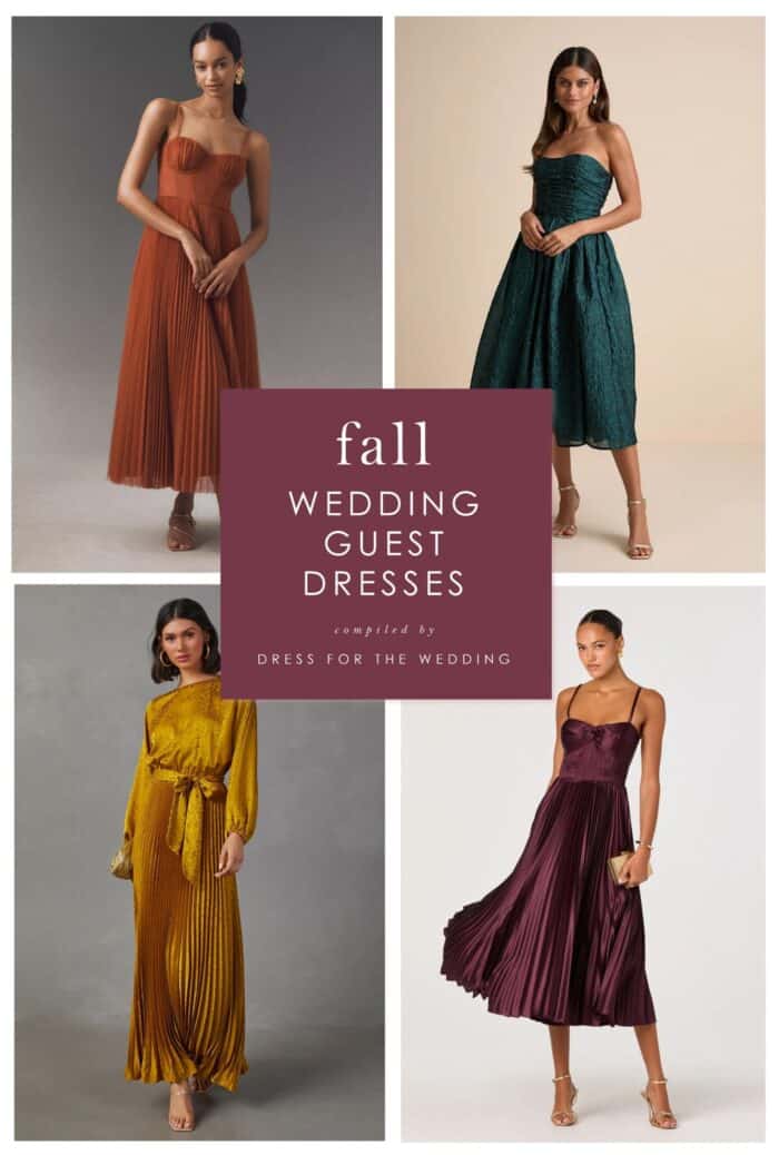 Collage and cover image for article about fall wedding guest dresses for every dress code. Rust dress, green dress, gold dress, and purple dress are pictured