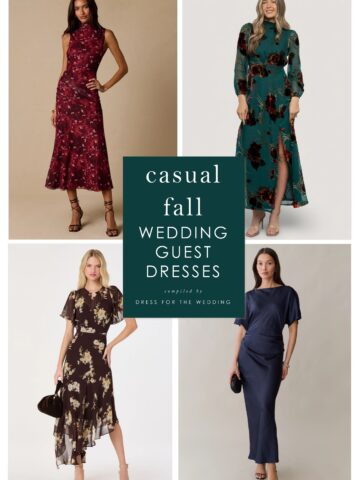 Cover image collage showing a casual burgundy dress, teal dress, back floral dress and blue satin dress with text that says casual fall wedding guest dresses.