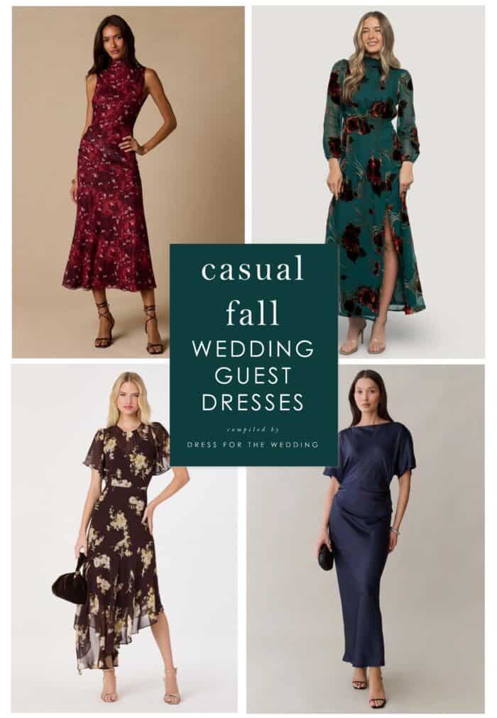 Cover image collage showing a casual burgundy dress, teal dress, back floral dress and blue satin dress with text that says casual fall wedding guest dresses.