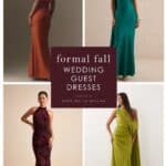 Collage showing long dresses in rust, emerald, burgundy and yellow green on models