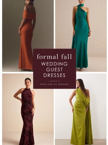 Collage showing long dresses in rust, emerald, burgundy and yellow green on models