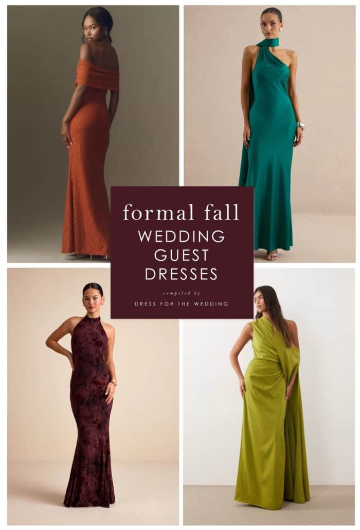 Collage showing long dresses in rust, emerald, burgundy and yellow green on models