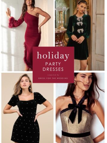 Collage or 4 festive dresses and text for cover of article about holiday party dresses for 2025