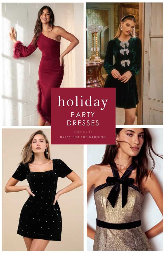 Collage or 4 festive dresses and text for cover of article about holiday party dresses for 2025