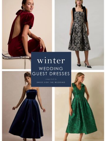 Cover art and collage of 4 winter formal and semi formal dresses that are selected for suitability for winter wedding guests