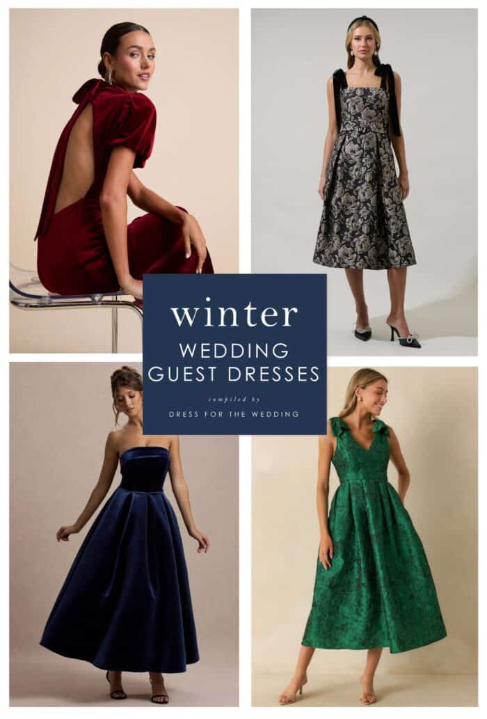 Cover art and collage of 4 winter formal and semi formal dresses that are selected for suitability for winter wedding guests