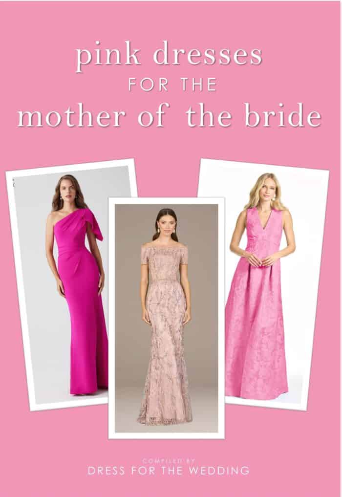 Cover image with 3 examples of pink gowns and dresses for weddings for an articl on Pink dresses for the mother of the bride or mother of the groom