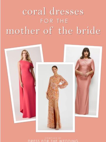 Cover image for article on coral, peach and orange dresses for mothers of the bride and groom. 3 formal coral dresses are shown.