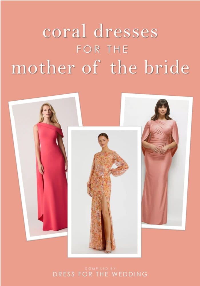Cover image for article on coral, peach and orange dresses for mothers of the bride and groom. 3 formal coral dresses are shown.