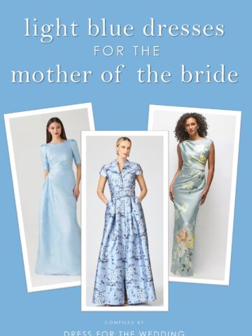 Cover image for article on light blue dresses for the mother of the bride or groom. Collage of 3 blue dresses.