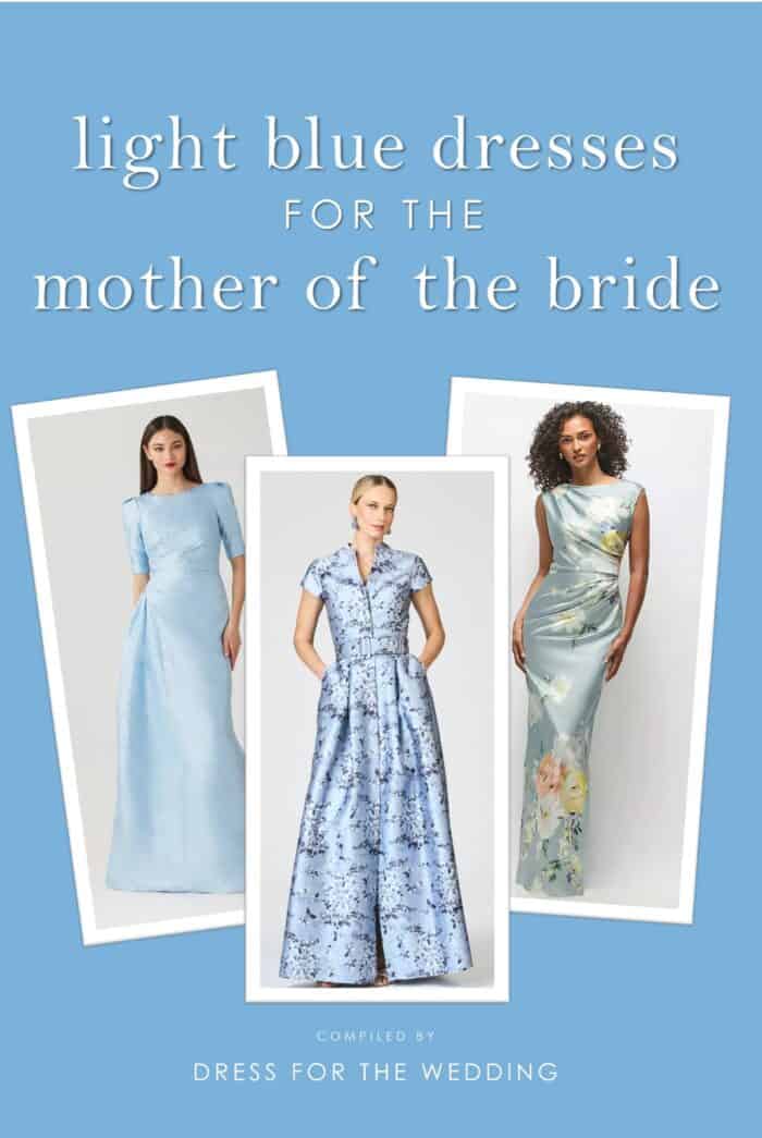 Cover image for article on light blue dresses for the mother of the bride or groom. Collage of 3 blue dresses.