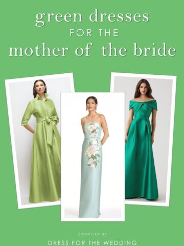 Cover image and text for article on green mother of the bride dresses showing 3 dresses and text.