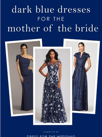 Cover image for guide to navy and dark blue dresses for mothers of the bride and groom. Features text dark blue dresses for the mother of the bride, and 3 images of dresses