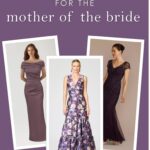 Purple background with text that reads purple dresses for the mother of the bride. 3 representative dress images show in a collage for an article cover image.
