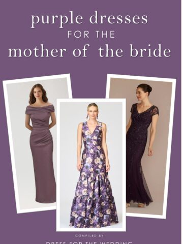 Purple background with text that reads purple dresses for the mother of the bride. 3 representative dress images show in a collage for an article cover image.