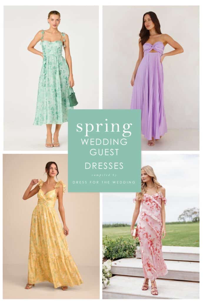 Cover image collage of 4 spring dresses in green, purple, yellow and pink that are selected for wedding guests of springtime weddings.