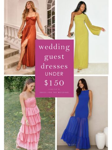 Collage and cover for article on wedding guest dresses under 150 with 4 dresses in various colors and styles shown on models. One orange dress, one lime green, one pink, and one cobalt blue