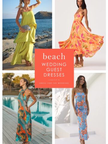 Cover image for article on wedding guest dresses for beach weddings. Showing models in dresses.