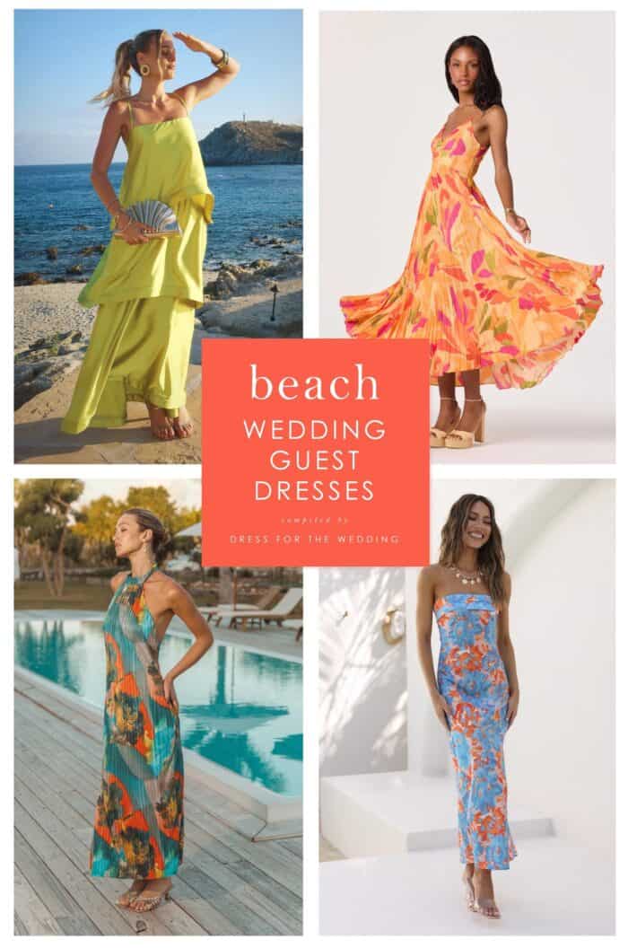 Cover image for article on wedding guest dresses for beach weddings. Showing models in dresses.