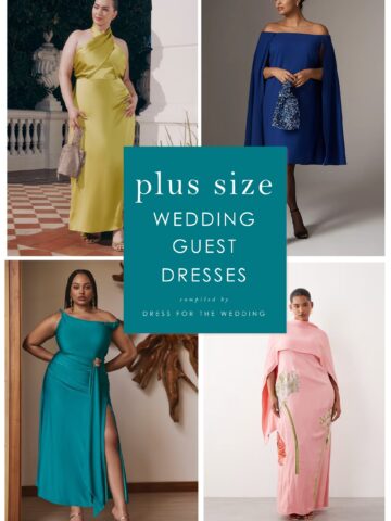 Collage of 4 dresses and text that reads plus size wedding guest dresses for an article and shopping guide to wedding guest dresses that are available in plus sizes.