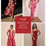 Cover collage of models wearing various red and burgundy dresses with text overlay that reads red wedding guest dresses.