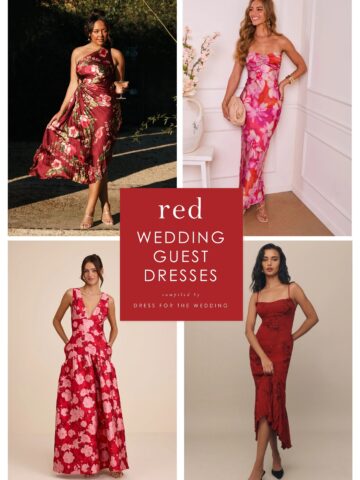 Cover collage of models wearing various red and burgundy dresses with text overlay that reads red wedding guest dresses.
