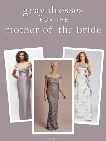 Text that reads silver or gray mother of the bride dresses over a gray colored collage showing 3 dresses