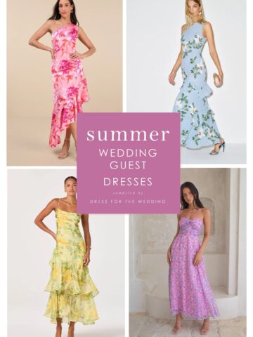 A collage cover showing 4 summer wedding guest dresses in pink, blue, yellow and purple in a collage for cover of article on summer wedding guest dresses for 2026.