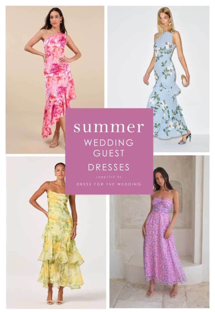 A collage cover showing 4 summer wedding guest dresses in pink, blue, yellow and purple in a collage for cover of article on summer wedding guest dresses for 2026.