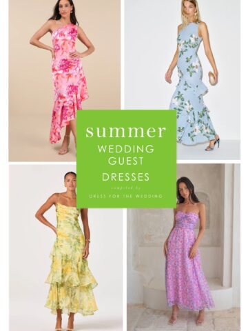 4 summer wedding guest dresses in pink, blue, yellow and purple in a collage for cover of article on summer wedding guest dresses