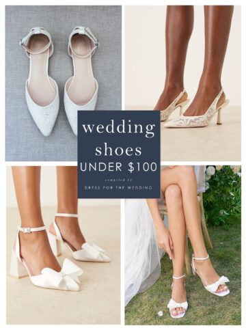 Wedding shoes in a collage with text that says wedding shoes under $100.