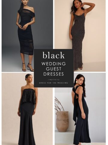 Collage cover showing 4 black dresses on models with text overlay that reads black wedding guest dresses