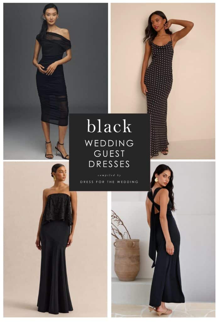 Collage cover showing 4 black dresses on models with text overlay that reads black wedding guest dresses