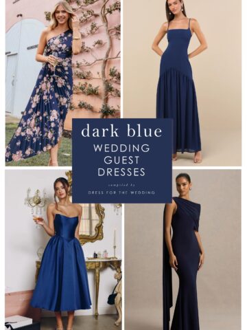 Collage for article cover, showing 4 product photos with dark blue dresses and text on blue that reads dark blue wedding guest dresses.